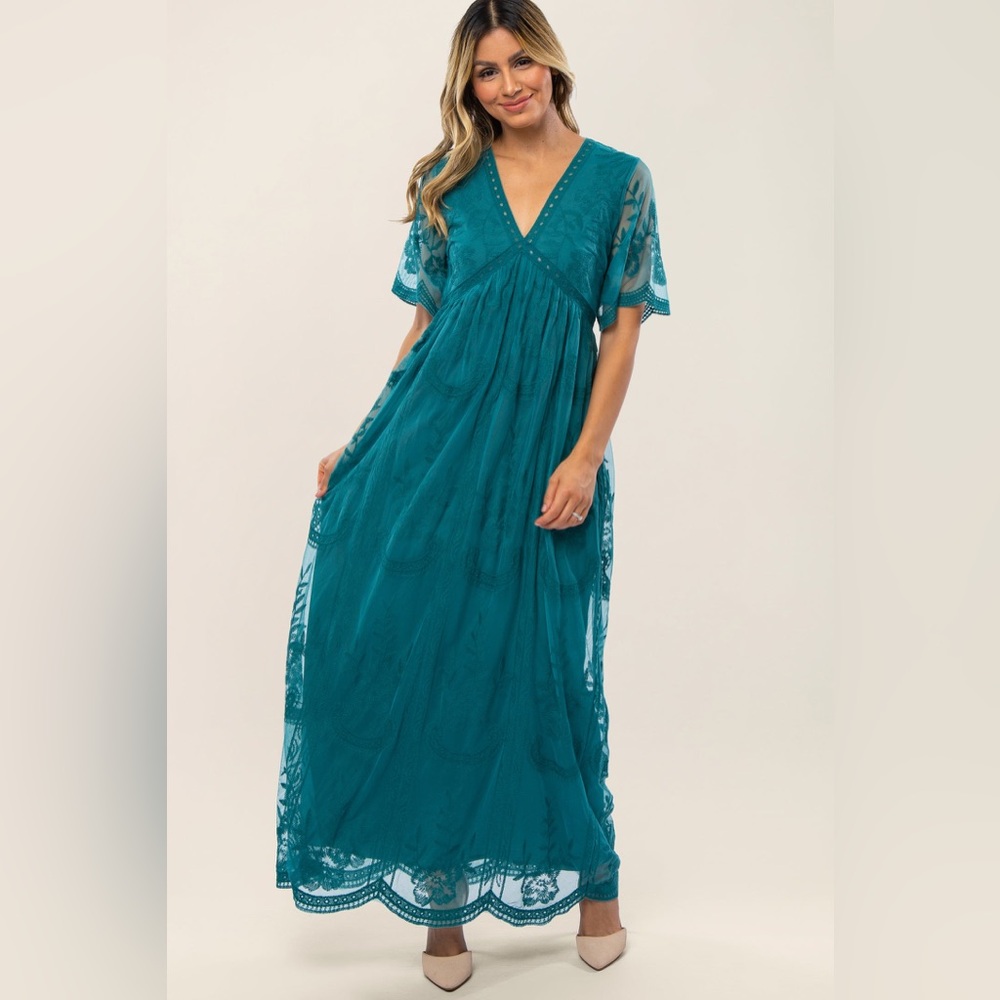 Pink Blush NWT Teal Lace Embroidery Mesh Overlay Maxi Dress Maternity Size XL